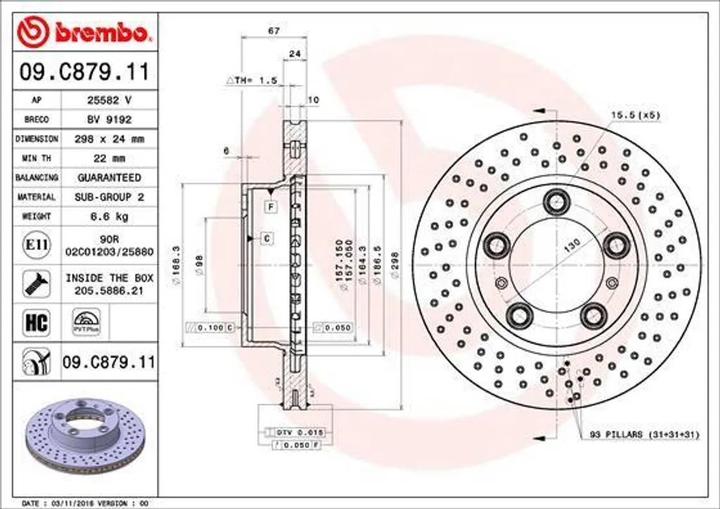 Disque Brembo High Carbon 09.C879.11 compatible Porsche 98735140101