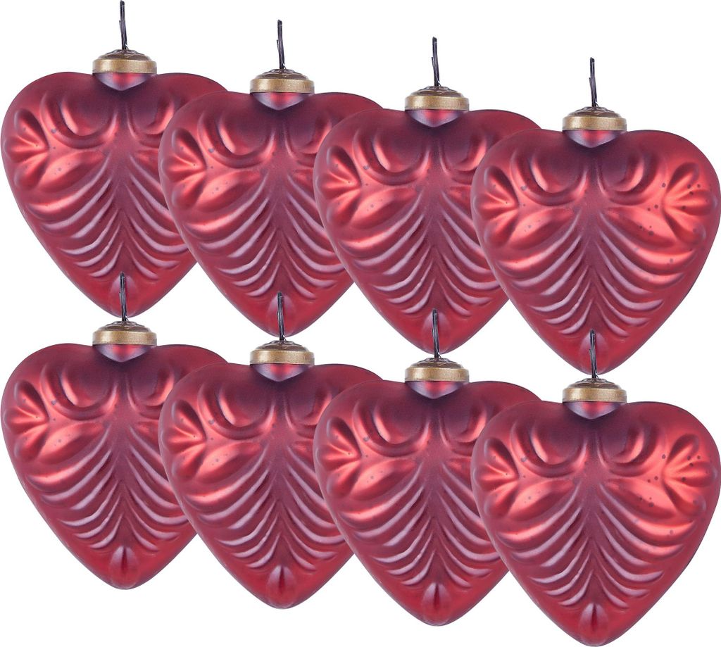 BELIANI Weihnachtskugeln 8er Set Rot Glas Antik-Optik 11 cm Herzform Handgemacht Baumschmuck Weihnachtsbaumkugeln Christbaumkugel Glaskugel