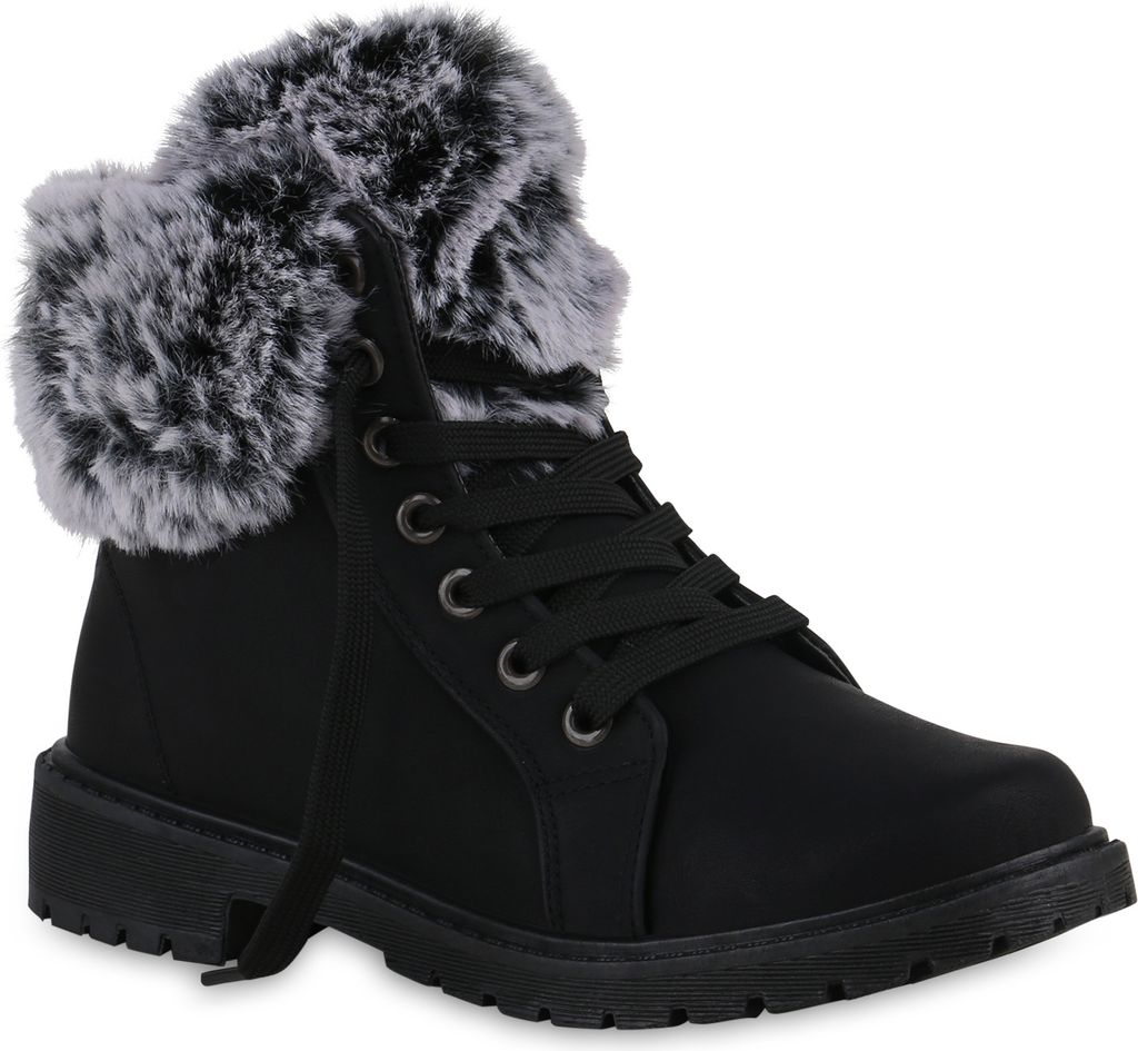 VAN HILL Damen Warm Gefütterte Worker Boots Stiefeletten Kunstfell Schuhe 840850, Farbe: Schwarz, Größe: 37