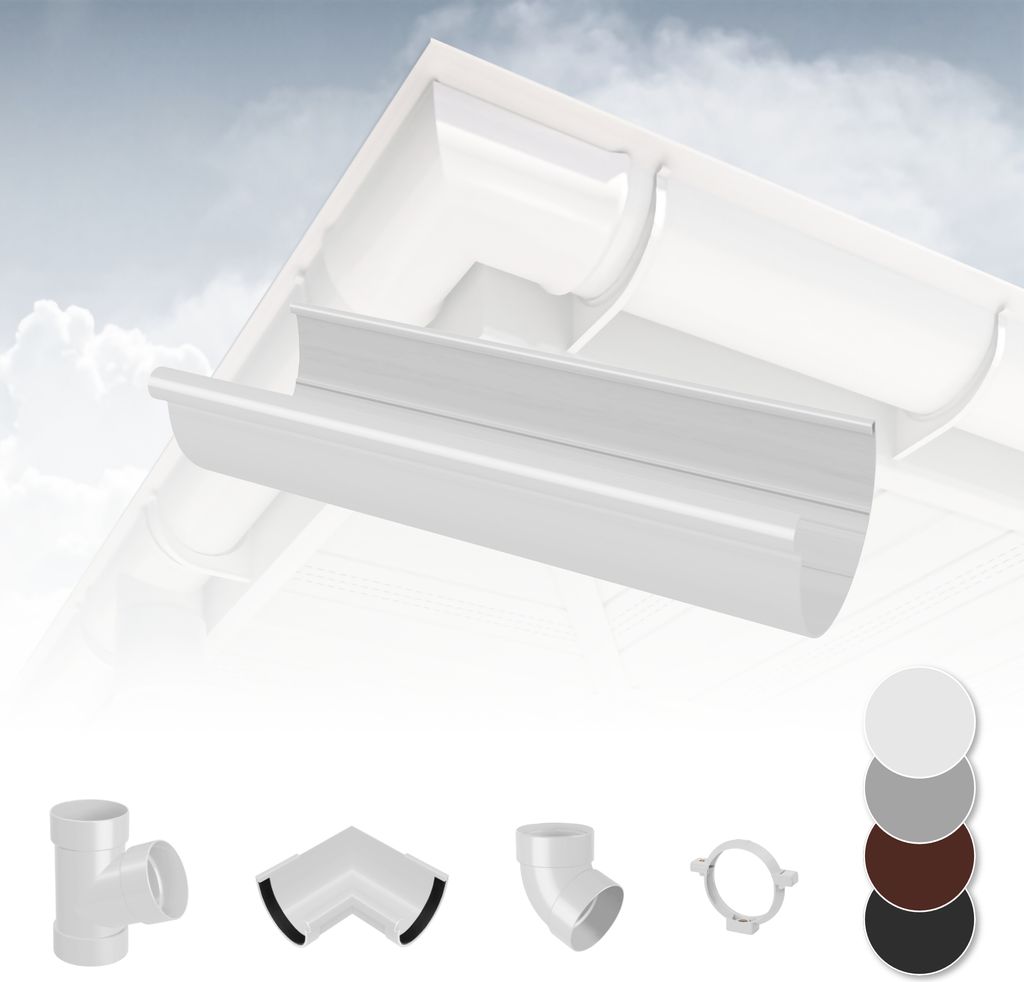 RAINWAY L Regenrinnen System (Dachrinne weiß) - PVC-U Kunststoff in 4 Farben, für Dachflächen > 100m² empfohlen, Dachrinnen halbrund PVC Plastik