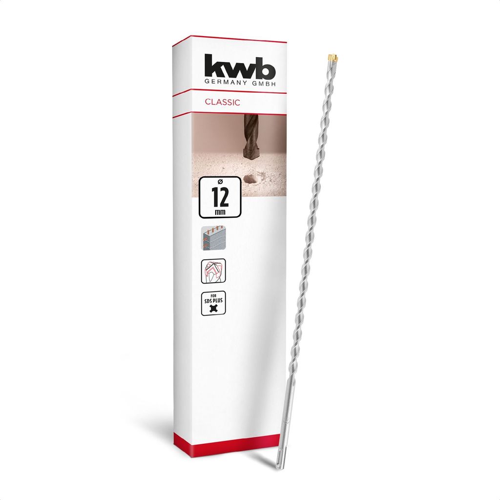 kwb SDS Plus Bohrer, SDS Plus Hammerbohrer (Ø 12 mm x 460/400 mm, mit extrem schneller Hartmetall 4X-Schneide, für armierten Beton, Stein & Mauer...