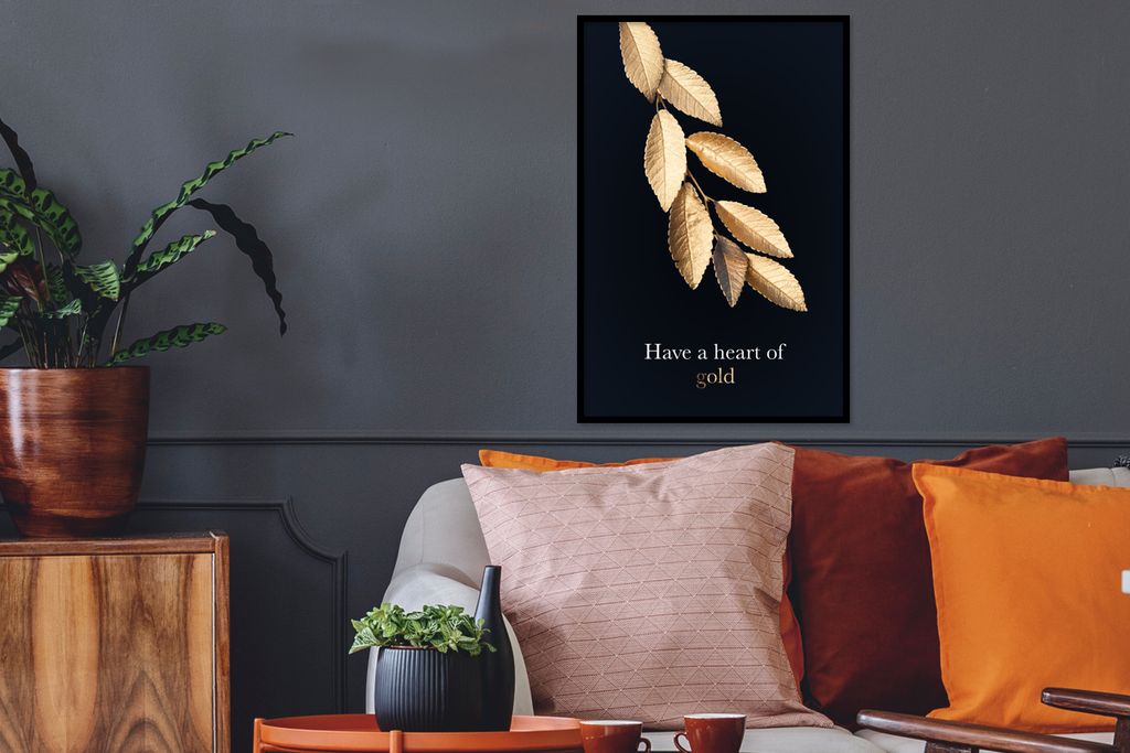 MuchoWow MuchoWow Gerahmtes Poster Zitat - Gold - Blätter 40x60 cm - Poster mit zchwarzem Bilderrahmen - Papierdruck - Wandbilder