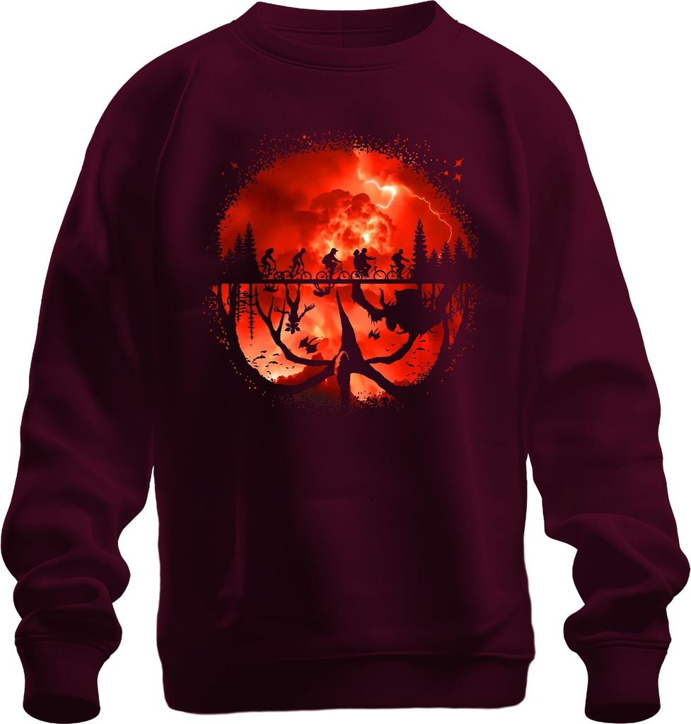 Upside Down Kinder auf Fahrrädern Monster Horror 80er Retro Uni Sweatshirt Pullover, Burgundy, L