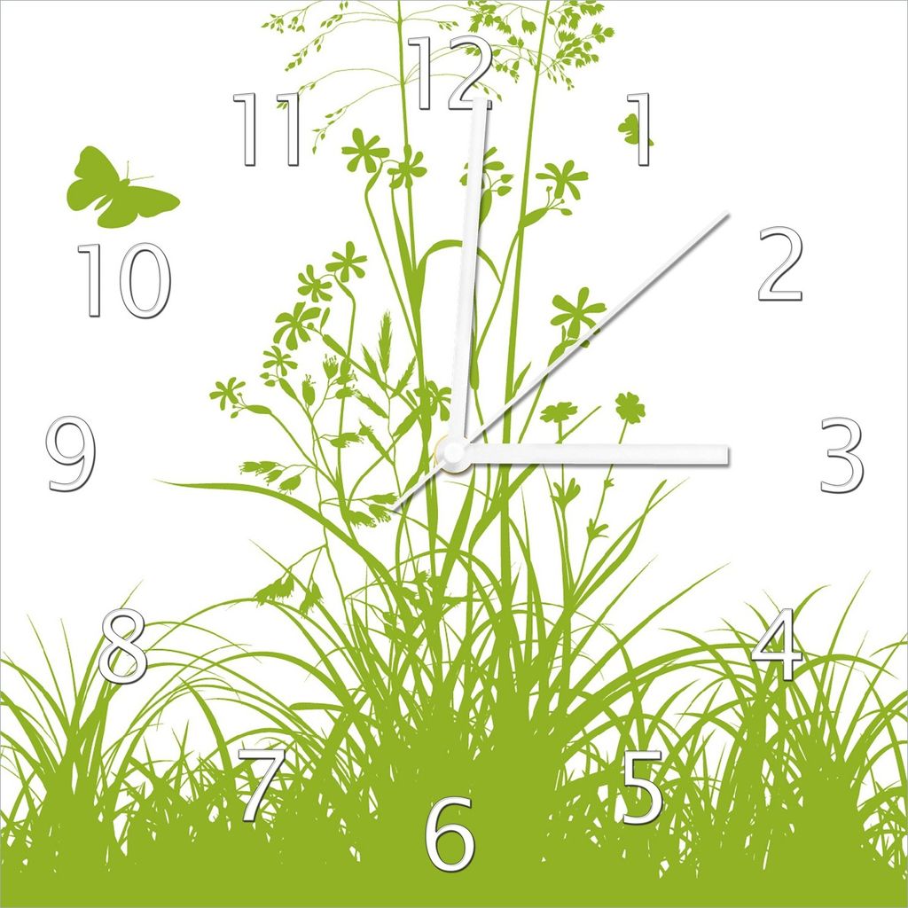 Wallario Design Wanduhr Grüne Sommerwiese aus Echtglas, Größe 30 x 30 cm