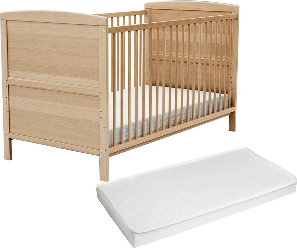 AT4 Babybett umbaubar zum juniorbett Holz LUNA mit Matratze Lackierter Buche, 70 x 140 cm|144 x 74 x 86,5 cm |Kinderbett 2 in 1 - Gitterbett mit L...