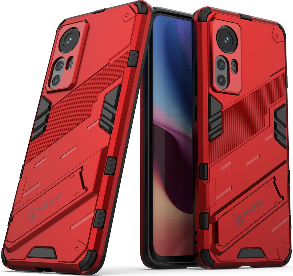 Armor Hülle für Xiaomi 12 / 12S / 12X, Hybrid PC TPU Bumper Stoßfestes Schutzhülle mit Standfunktion Rot