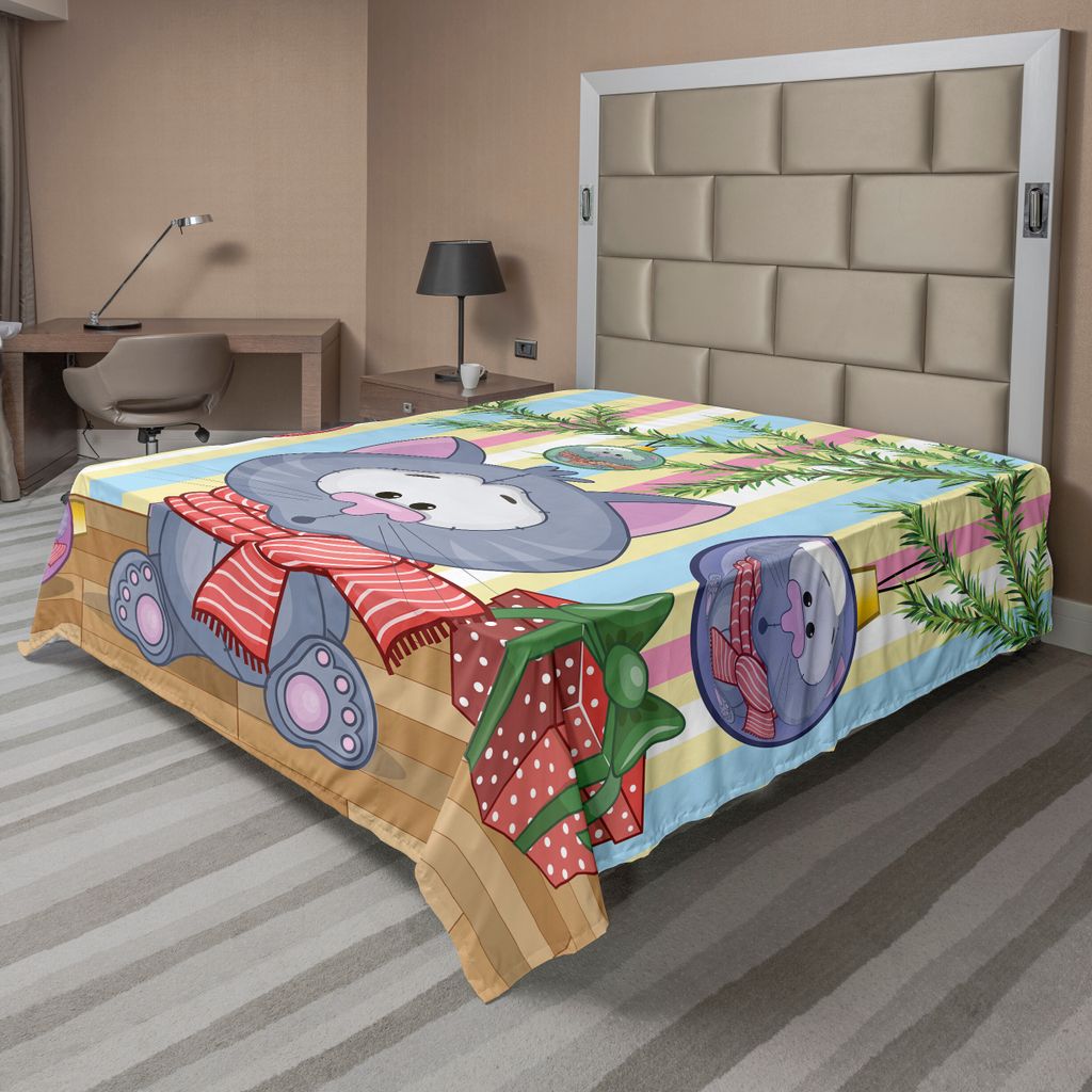 ABAKUHAUS Weihnachten Bettlaken, Kätzchen mit Schal unter dem Baum mit Ball Feier und Geschenkbox Katze unter dem Motto, weiches bequemes oberes B...