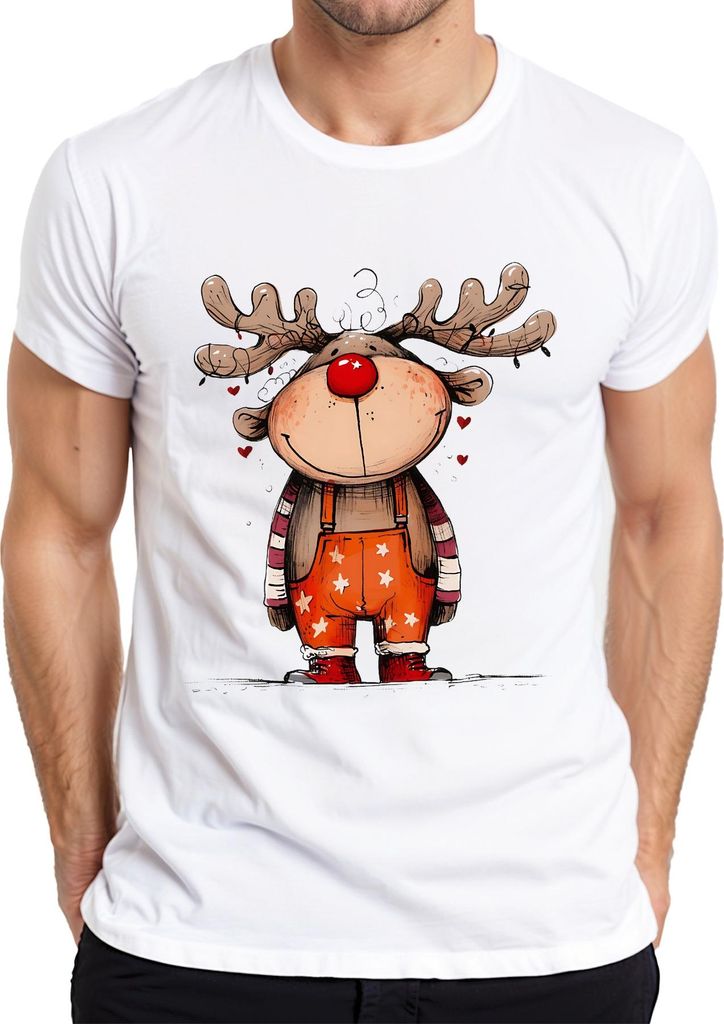 Niedliches Rentier mit roter Nase Rudolf Weihnachten Geschenk Herren T-Shirt, Weiß, XXL