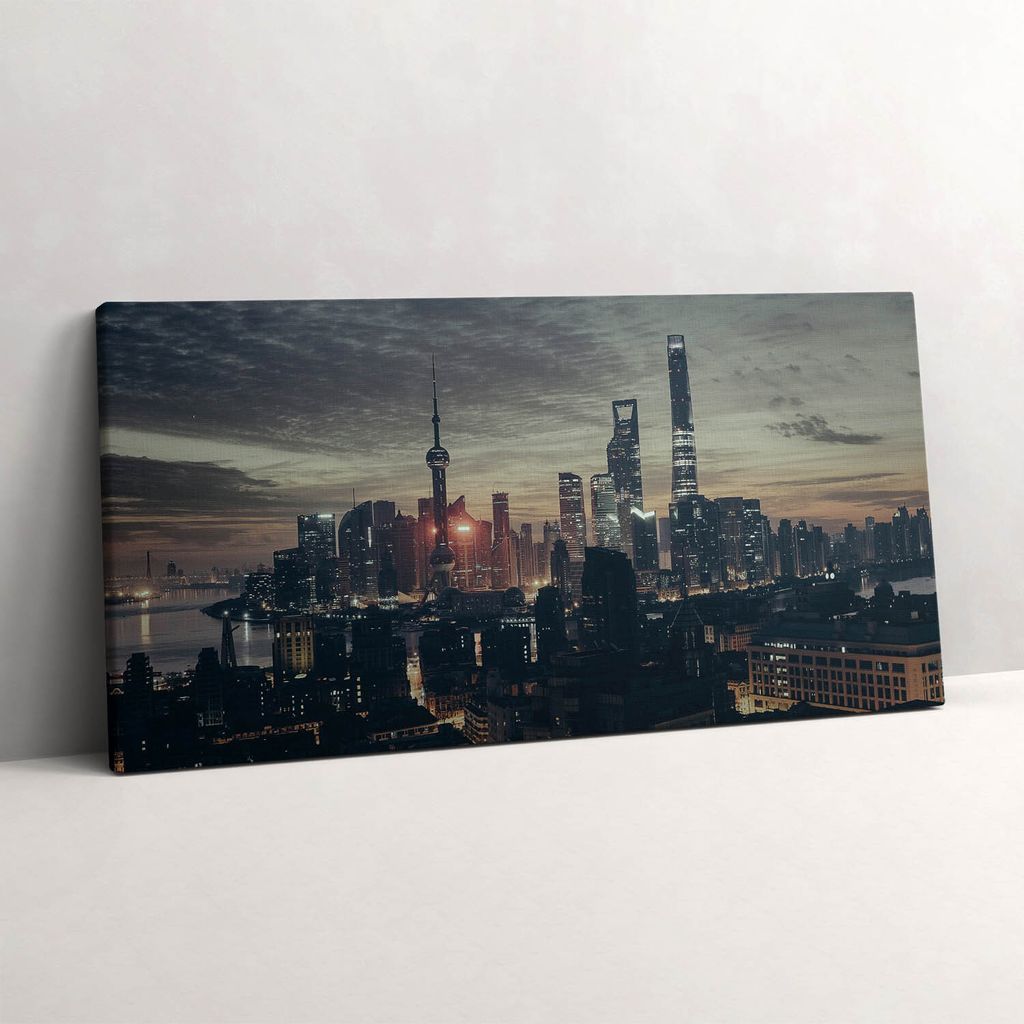 Panorama von Shanghai bei Nacht – Leinwandbild Wandbild – 100x50 cm – Leinwandbilder – Wandbilder – Schlafzimmer – Flur