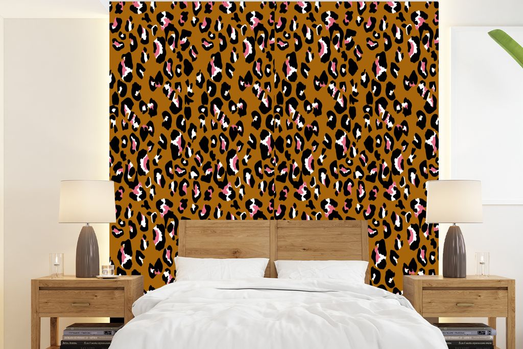 MuchoWow Fototapete für Wohnzimmer oder Schlafzimmer Wandtapete Vinyl Motivtapete Panther - Design - Rosa - Braun - Muster - 200x220 cm - Vinylt...