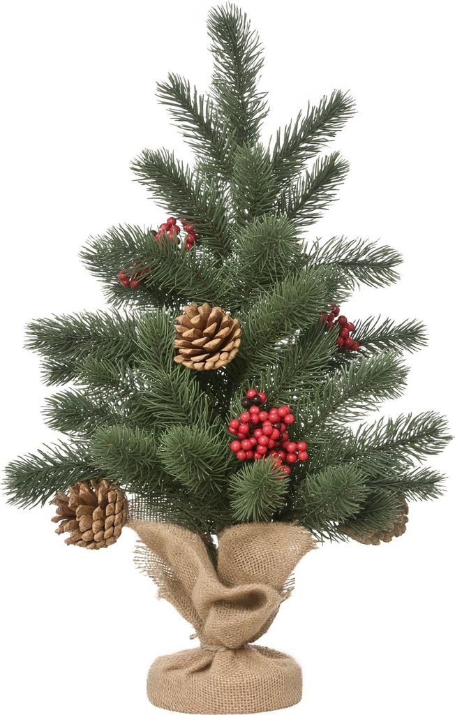 Mini-Weihnachtsbaum, Weihnachtsdekoration, Mit Schmuck, Rote Beeren, 50 cm, Zementsockel, Grš¹n + Mehrfarbig