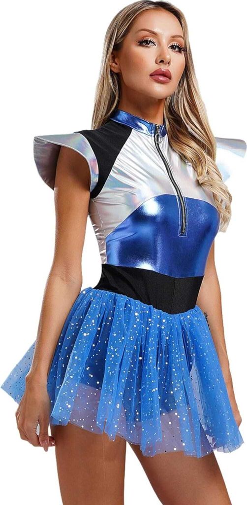 Damen Astronauten-Kostüm Gr. 3XL Weltall-Design – Glänzender Body mit Tutu-Tüllkleid, Raumfahrer-Cosplay-Outfit für Shows, Halloween&Karneval...