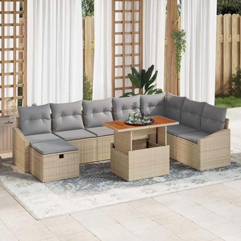 "2026 Promotion" Garten-Sofa-Set - Balkonmöbel - mit Kissen - mit Speicher 9 pcs - Beige Poly Rattan - Gartenmöbelset CC19551