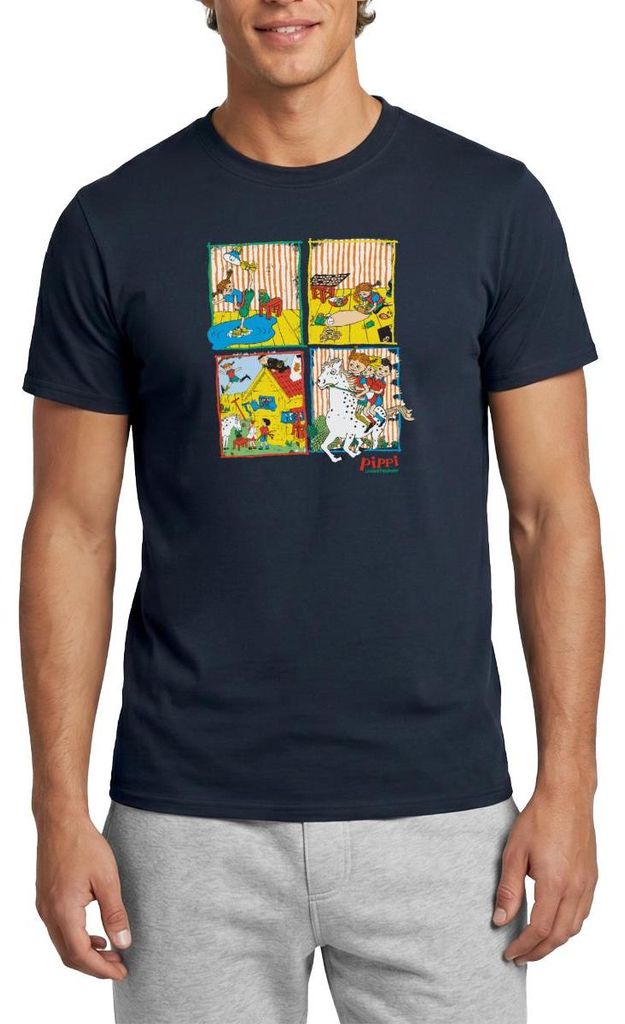 Spreadshirt Pippi Langstrumpf Und Ihre Freunde Kacheln Männer T-Shirt, XXL, Navy