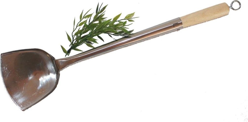 05 Wok Spahtel mit Öse zum Hängen Wokwender flach Edelstahl Größe L - 46 cm lang, Kelle 12 x10 cm, mit Holzgriff