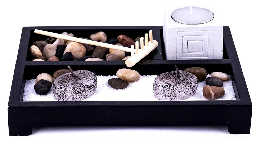 Zengarten-Dekorationsset aus Holz | Miniatur-Buddha-Set mit Sand, Steinen, Harke und Kerzen | Meditations- und Wohnaccessoire (20,5 x 20,5 x 6 cm)