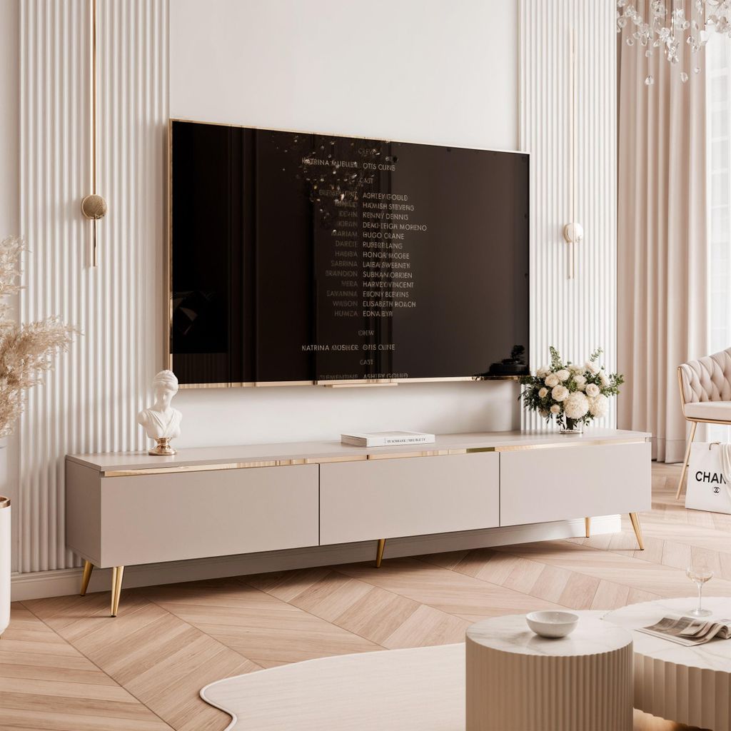 TV-Lowboard SELIA 200 cm mit goldener Zierleiste Push to Open Fernsehschrank elegante Wohnzimmer TV-Schrank Medienmöbel Kaschmir