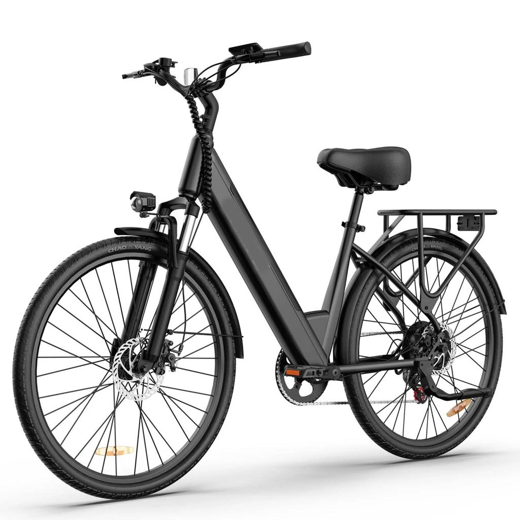 A black electric bicycle is shown against a white background.