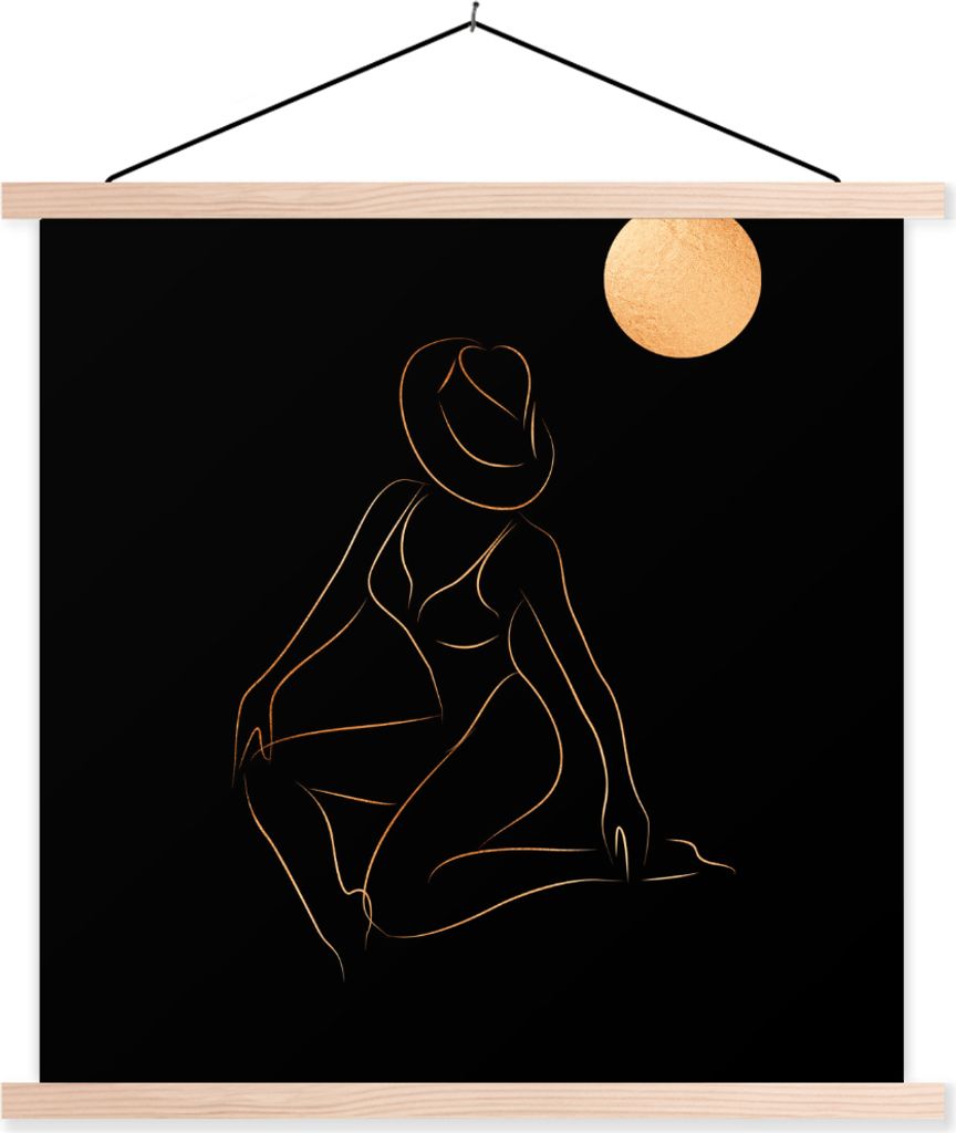 MuchoWow Textilposter Frau - Mond - Gold - Schwarz 60x60 cm mit holzfarbenen Rahmen - Wanddekoration