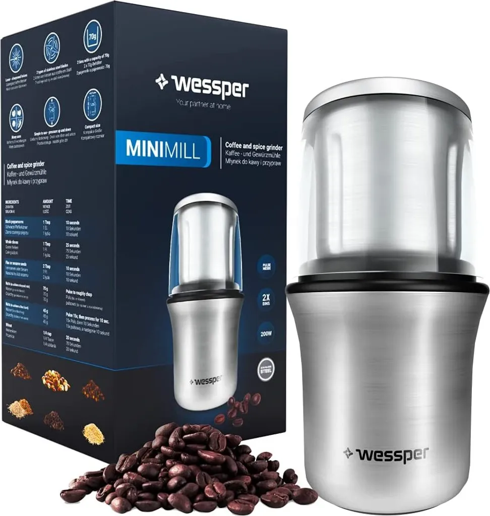 Moulin à épices puissant 200W Wessper MINIMILL avec lames en inox dur