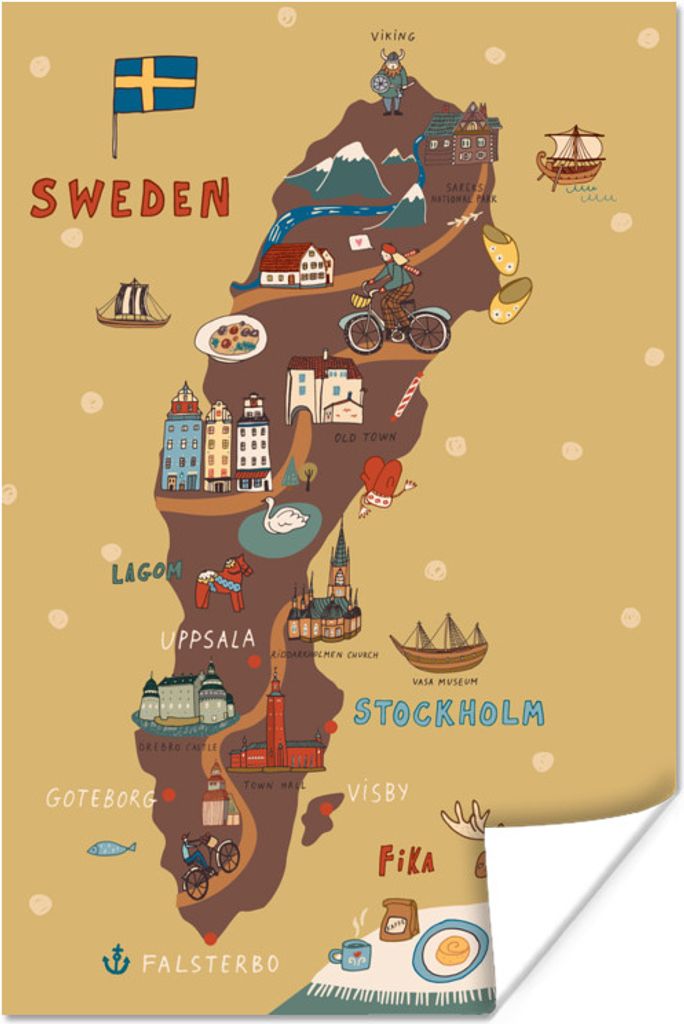 MuchoWow Poster Illustration Skandinavien mit der Karte von Schweden 20x30 cm - Papierdruck