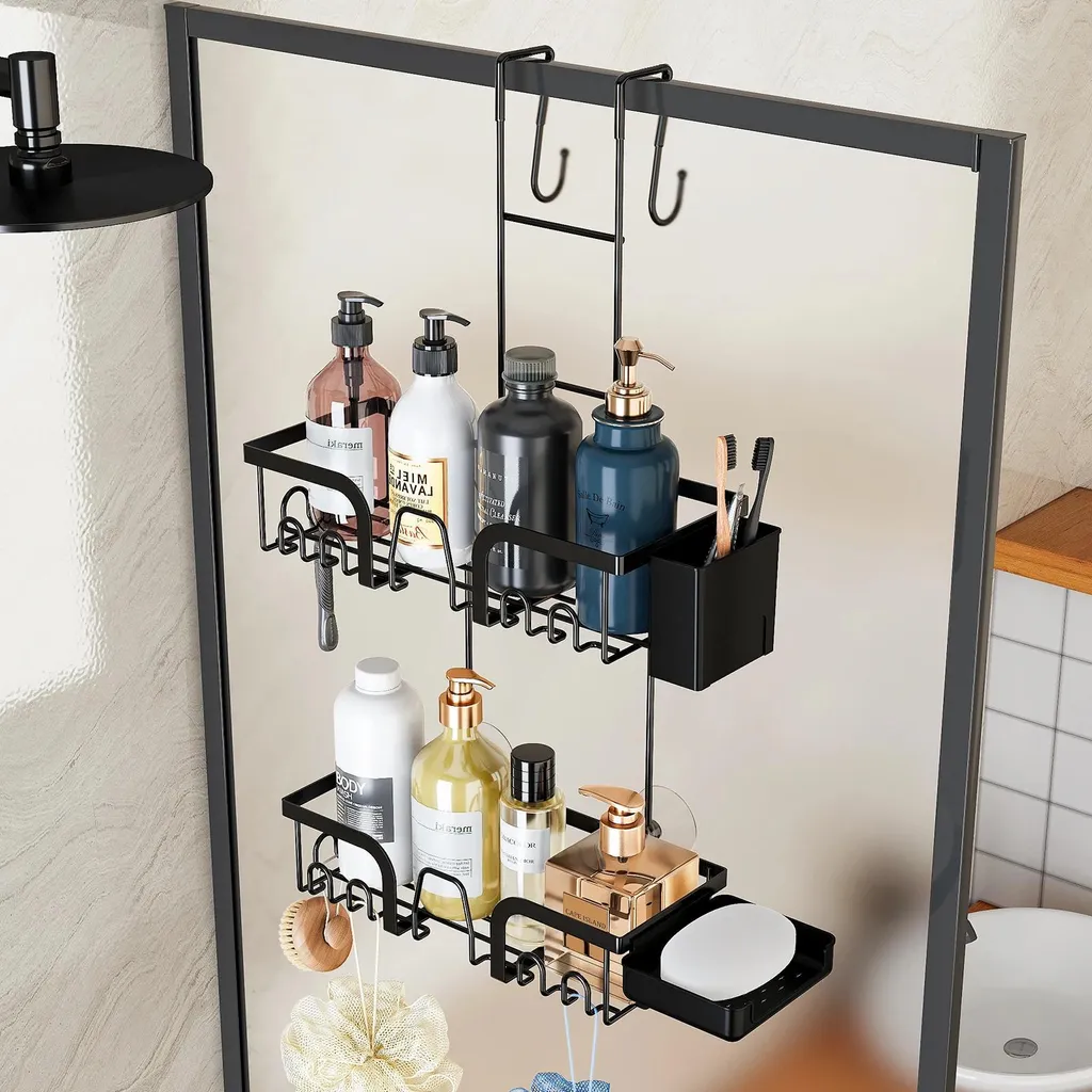 Rangement douche noir en métal sans perçage avec écoulement d'eau - 2