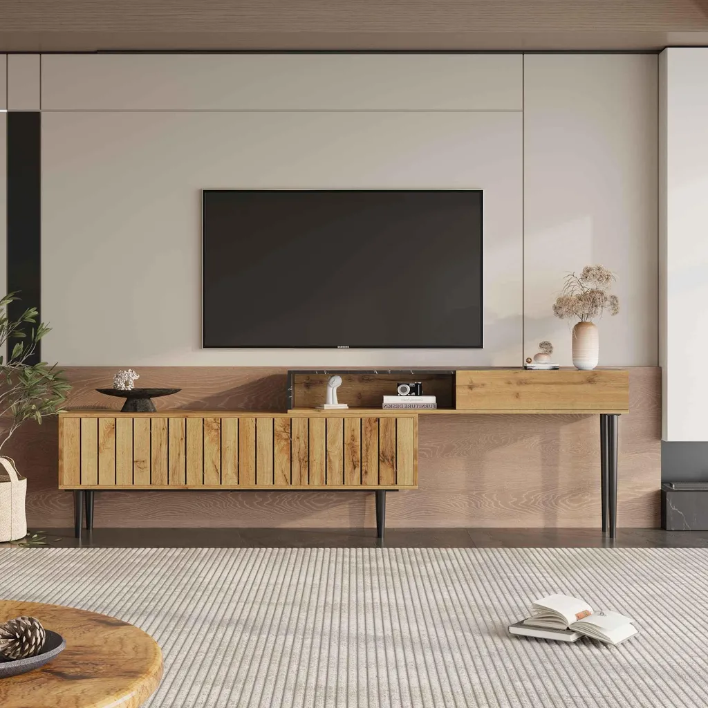 Meuble TV Gain de Place pour Salon Moderne, Finition Bois et Marbre Chic