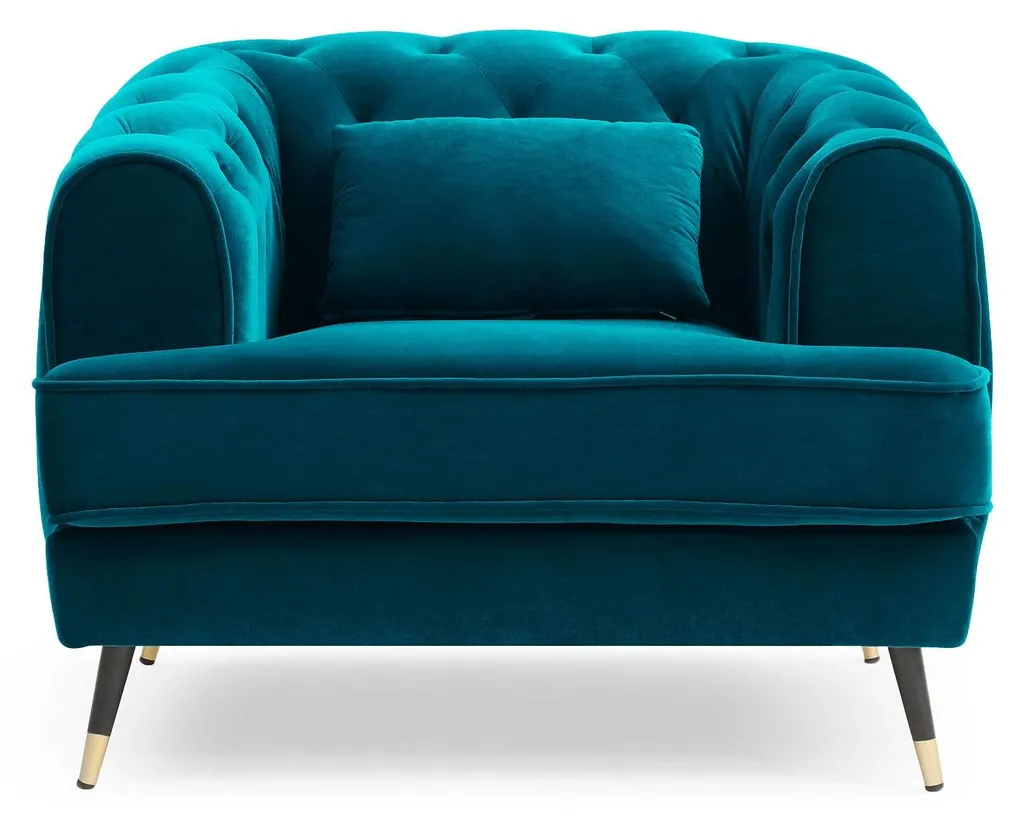 Fauteuil Capitonné Glams en Velours Bleu Canard avec Pieds Bois massifs