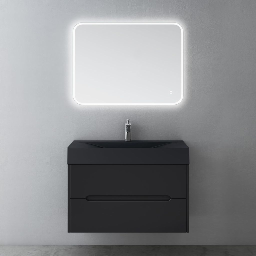 Mai & Mai Badezimmermöbel Waschbeckenunterschrank mit Softclose Schubladen inkl. Mineralguss Waschbecken LED-Badspiegel 80cm in Matt Schwarz Badm...