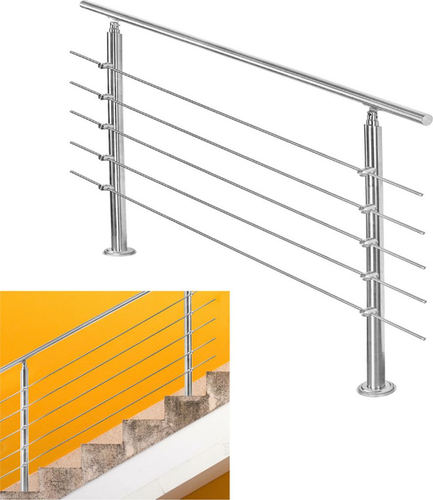 Jiubiaz Geländer Treppengeländer Ø 42mm Edelstahl Handlauf für Innen und Außen geeignet 180cm mit 5 Querstreben