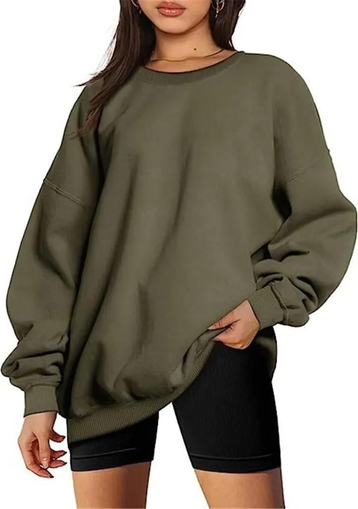 ASKSA Damen Sweatshirts Basic Rundhals Langarmshirt Loose Fleece Pullover Casual Oberteile Tops, Armeegruen, S