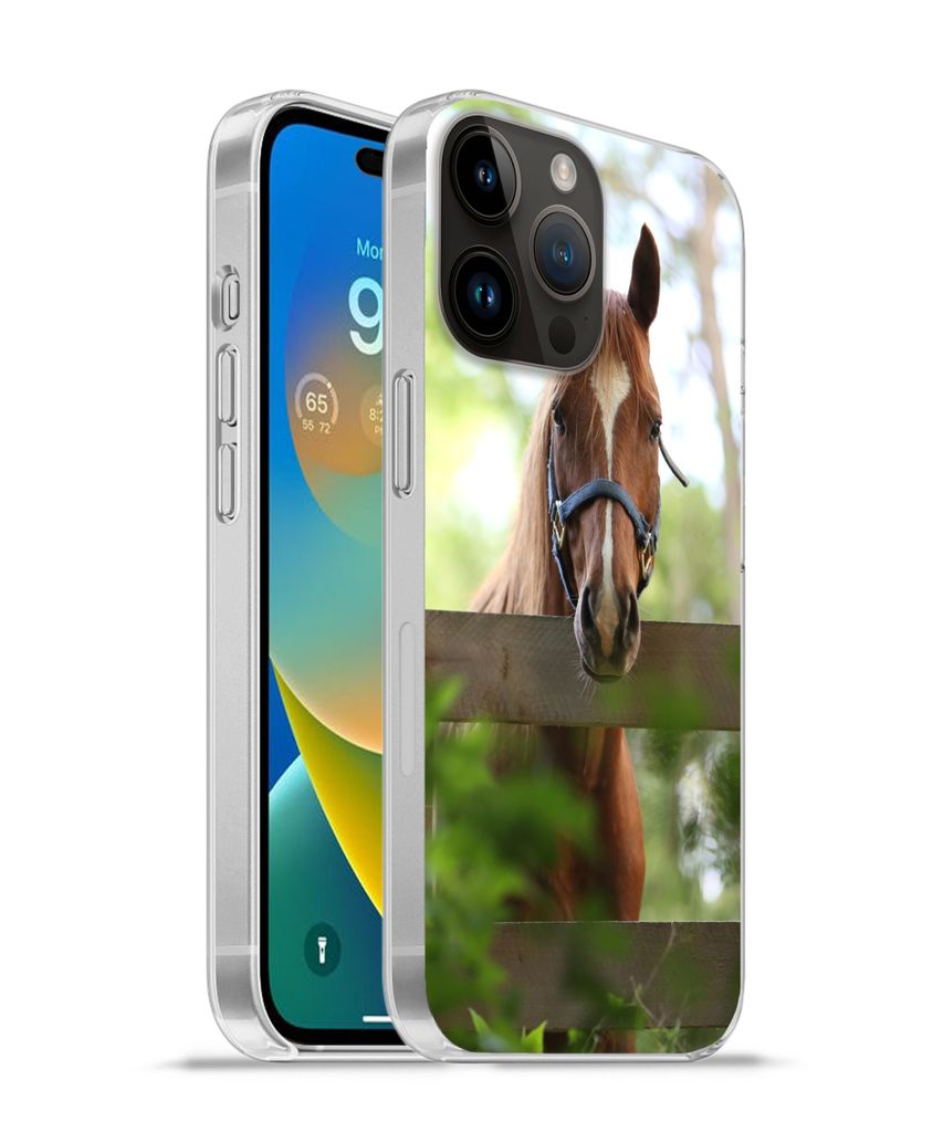 MuchoWow Handyhülle Schutzhülle Hülle für Apple iPhone 14 Pro Max Pferd - Natur - Zaun Silikon Softcase Handy Hülle - Hardcover