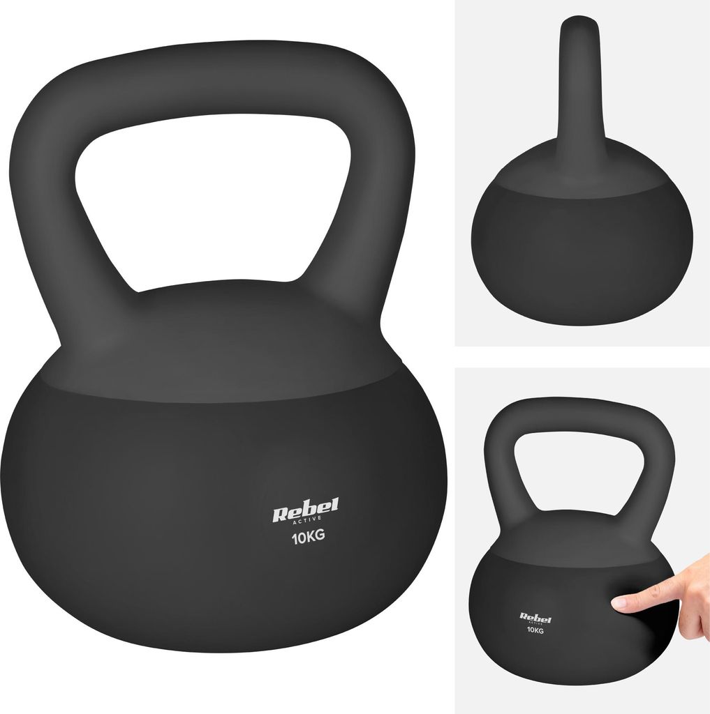 A collage of images showing a black kettlebell from different angles, including a close-up of the handle and a shot with a hand touching it.