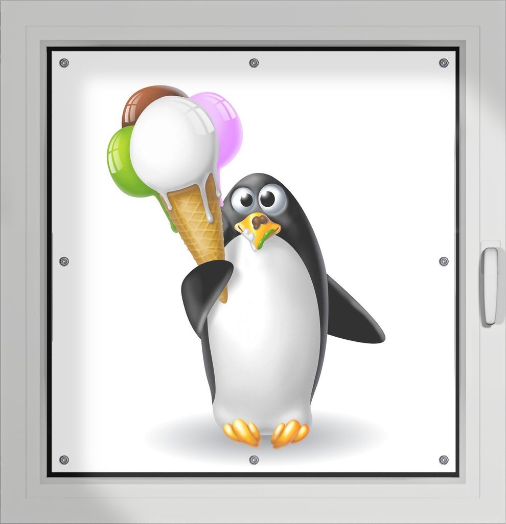 Wallario Lichtschutzbild, Dekorativer Sichtschutz Sonnenschutz 96 x 93 cm mit Motiv: Süßer Eis Pinguin - Verdunklung ohne Bohren
