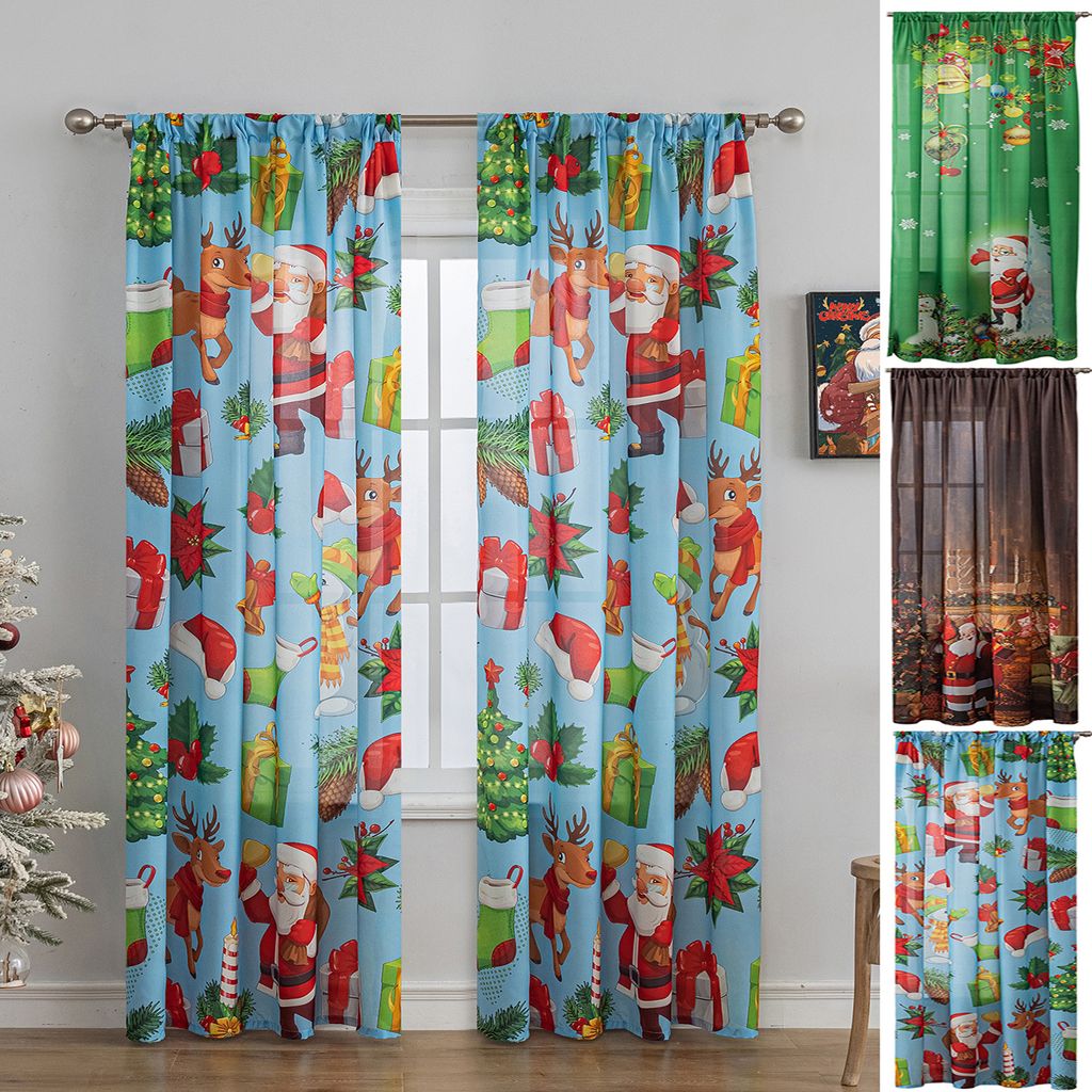 2er Set Gardine Vorhang Halbtransparent Stangendurchzug, Gardine Weinachtsmotiv Deko Wohnzimmer Schlafzimmer Restaurant Geschäft Cafe,Blau 132x213cm