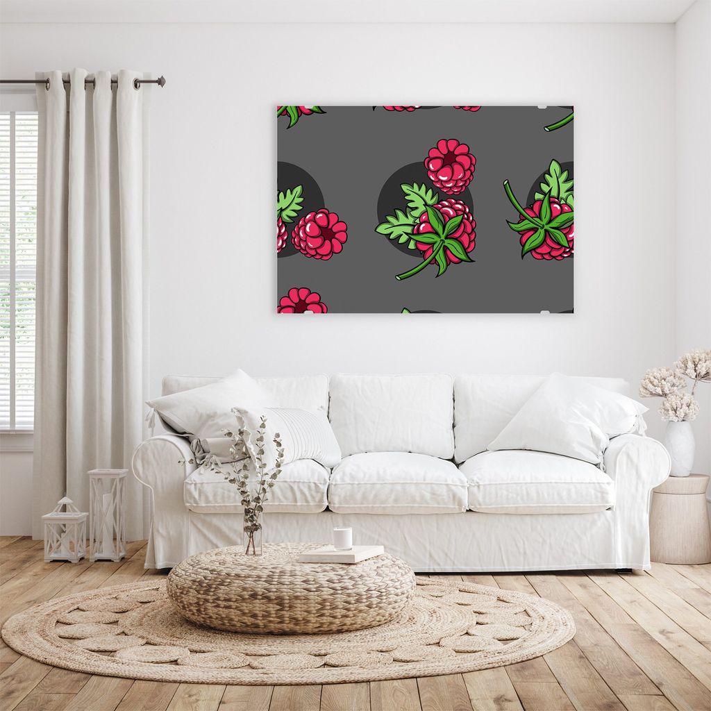 Glasbild Wandbild Muster aus Himbeeren 100x70cm in XXL für Wohnzimmer, Schlafzimmer, Badezimmer, Flur