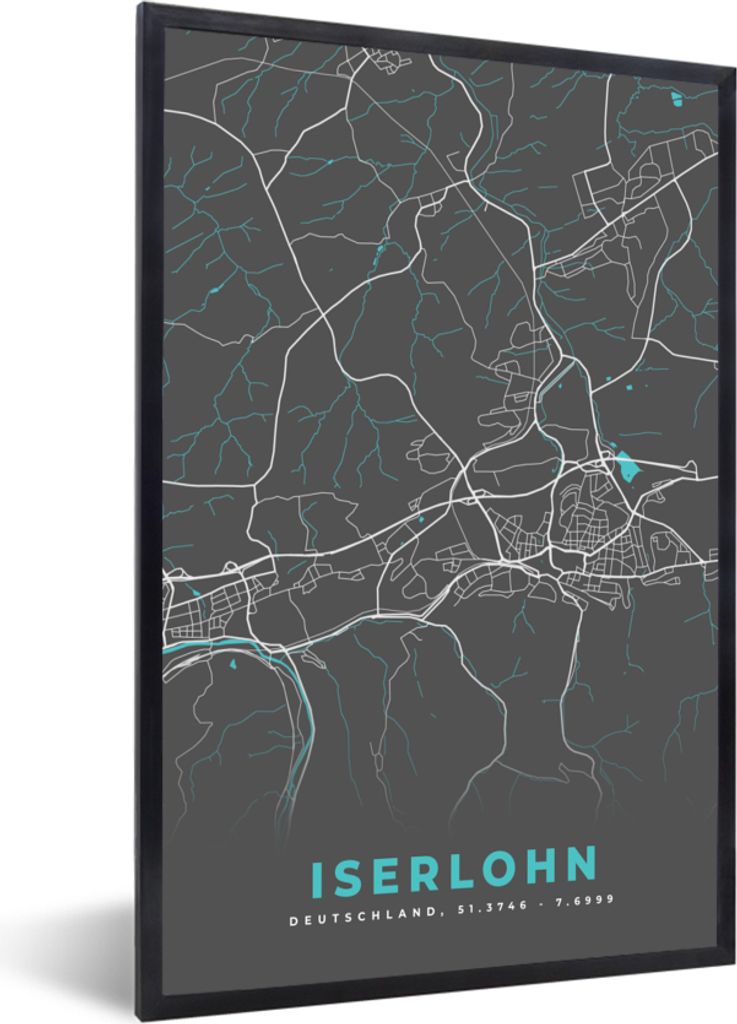 MuchoWow Gerahmtes Poster Deutschland - Blau - Iserlohn - Stadtplan - Karte 40x60 cm - Poster mit Schwarzem Bilderrahmen Wandposter Rahmen Foto B...