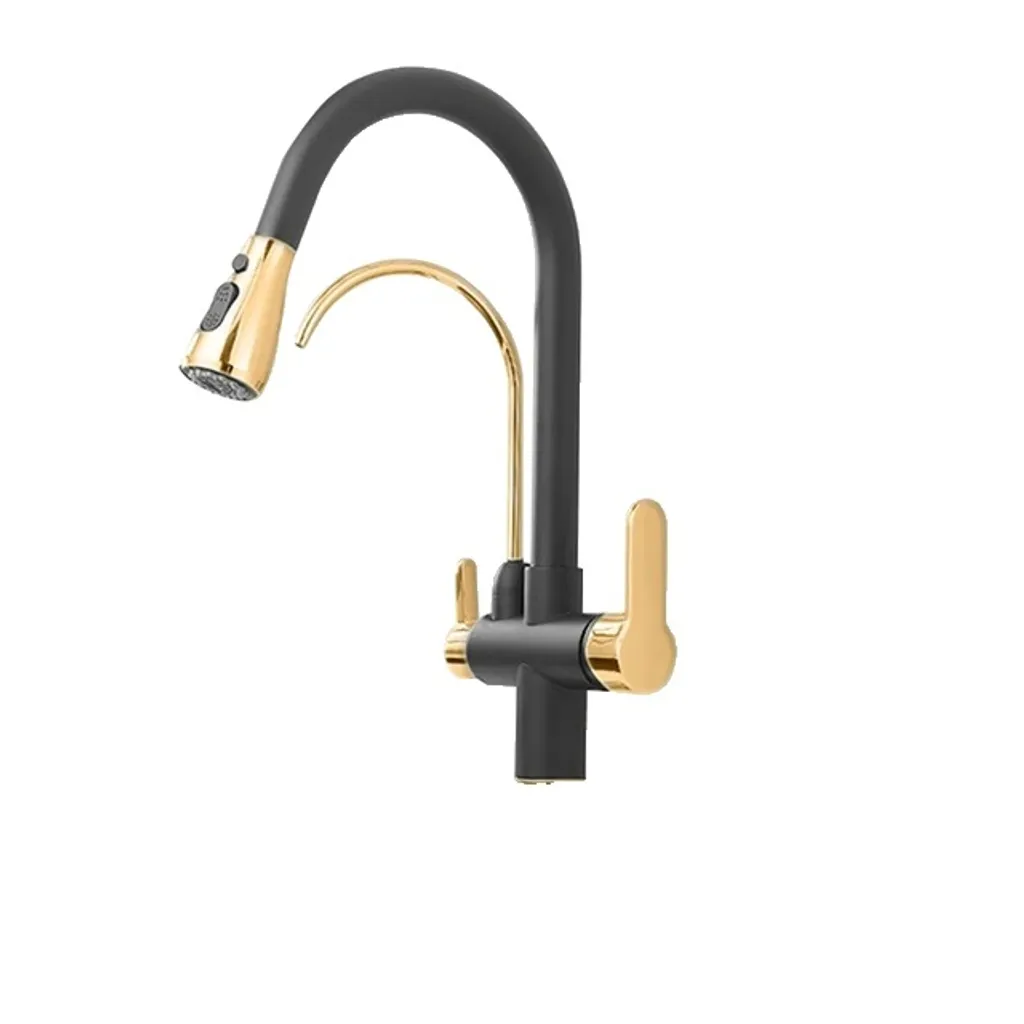 Rubinetto Cucina Oro Nero 3 Vie per Acqua Depurata e Miscelatore Doppia Leva