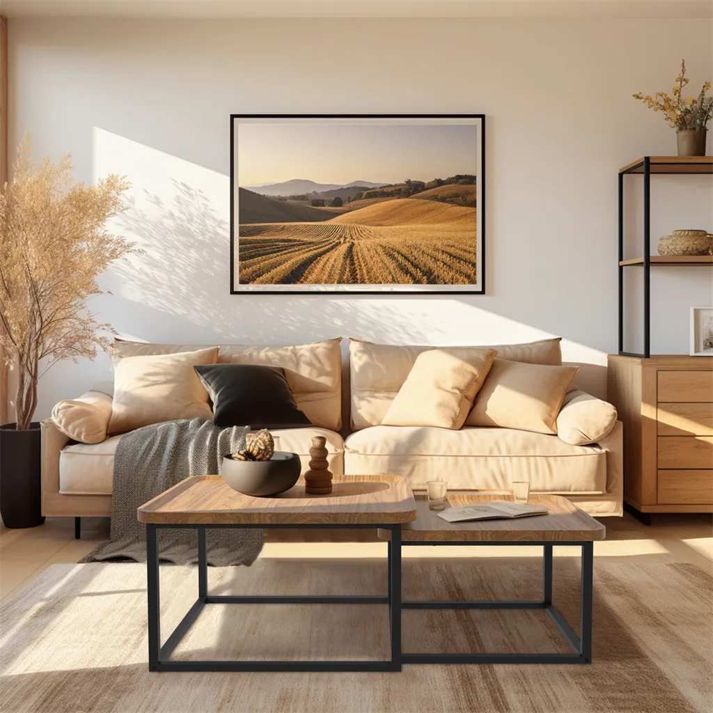 Table Basse Double et Table d'Appoint Salon Moderne Effet Bois Naturel