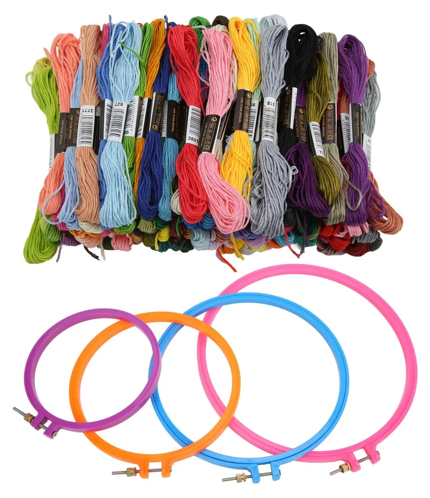Kit broderie complet avec fils en soie et cerceau plastique rond 20cm