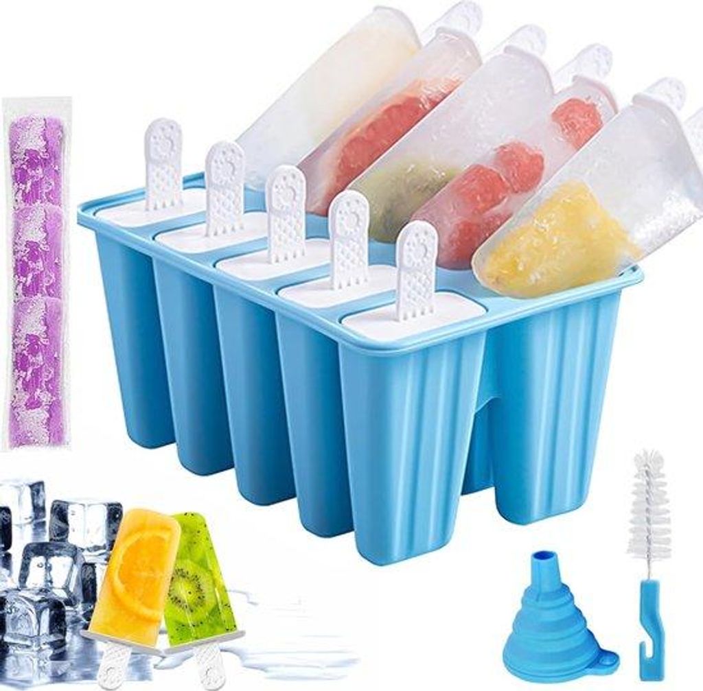 Eisformen Eis am Stiel Formen, 10 Fächer Eisformen BPA-frei, Wiederverwendbare Silikon-Eisformen, Eisformen für DIY-Eis am Stiel, Eis (blau, 10)