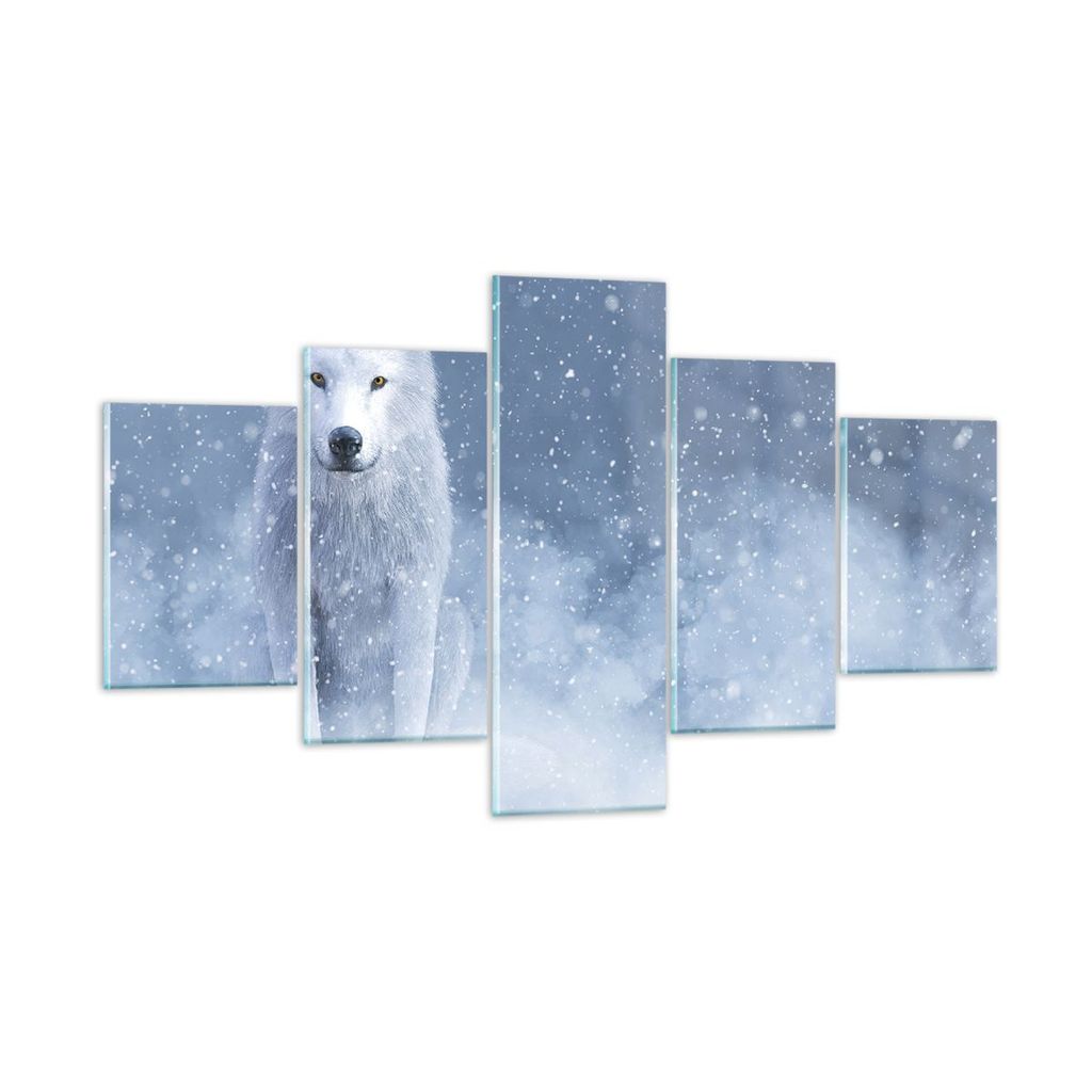 Bilder auf glas - 5 Teile - Weiß Wolf Schnee - 125x70cm - Glasbilder - Wandbilder - Bilder - zum Aufhängen bereit - Wanddekoration aus Glas - Gla...