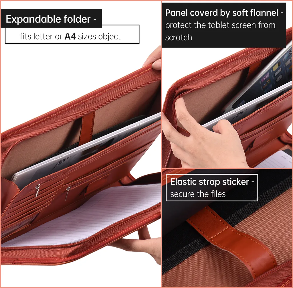 Porte-documents A4 en cuir PU marron à fermeture éclair avec range CV - 5