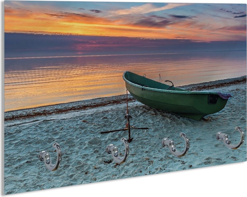 Wallario Schlüsselbrett aus Glas, Motiv: Einsames Fischerboot mit Anker am Strand, 30 x 20 cm mit 4 Haken