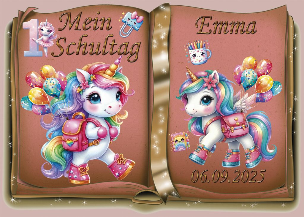 Tortenaufleger Tortendeko Fototorte Tortenbild Einhorn Regenbogen Einschulung Schulanfang 1. Schultag Schuleinführung SE07 (Zuckerpapier) DIN A5 o...