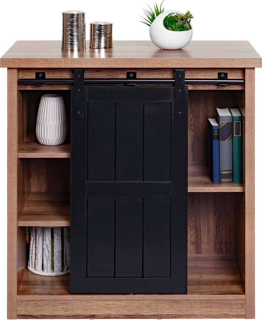 Kommode MCW-K75, Schrank Regal, Schiebetüre 5 Staufächer, Holz-Optik Industrial Metall 84x80x40cm braun