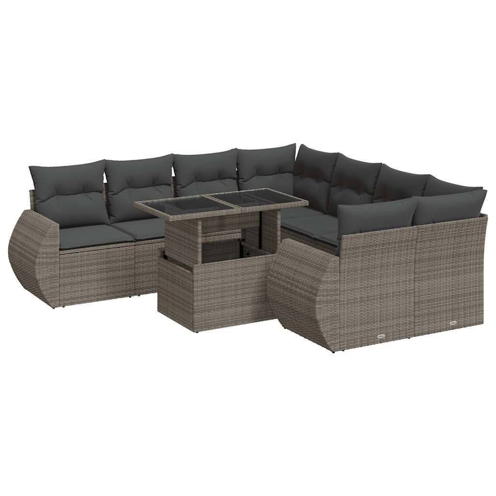 9-tlg. Garten-Sofagarnitur mit Kissen Grau Poly Rattan