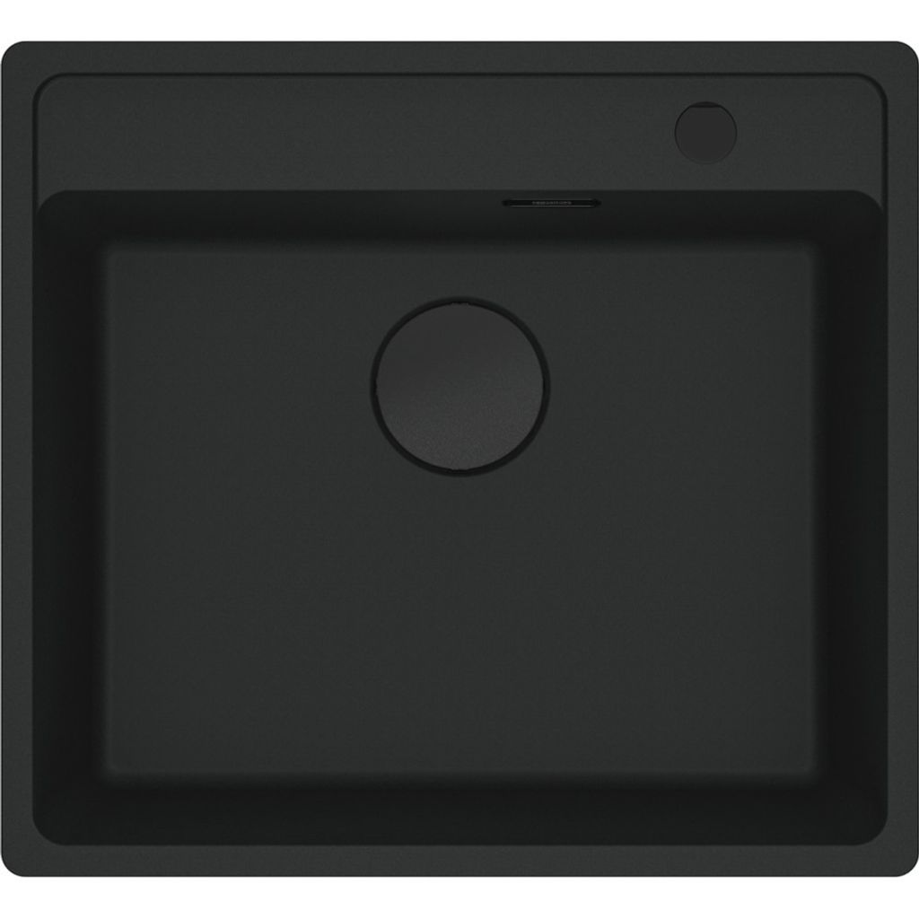 A top-down view of a black kitchen sink.