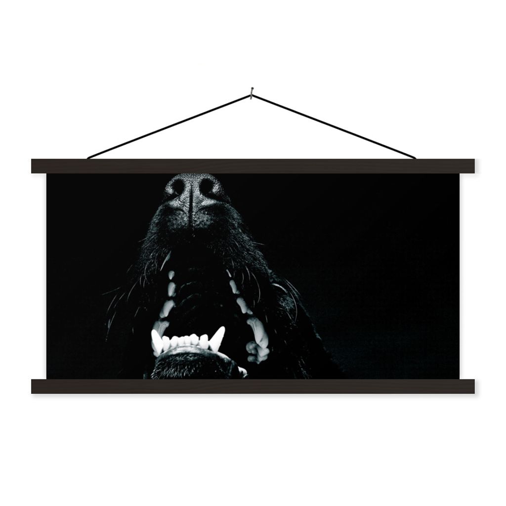 MuchoWow Textilposter Tierprofil Hund mit offenem Maul in schwarz und weiß 90x45 cm mit schwarzem Rahmen - Klemmleisten