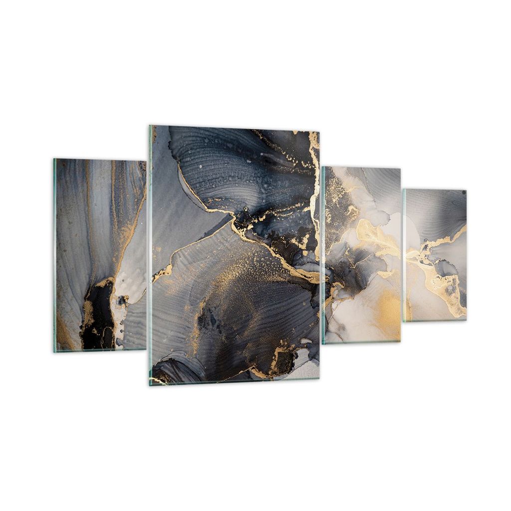 Bilder auf glas - 4 Teile - Dunkel Abstraktion Gold - 160x90cm - Glasbilder - Wandbilder - Bilder - zum Aufhängen bereit - Wanddekoration aus Glas...